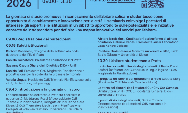 PRATO CITT&Agrave; UNIVERSITARIA: L&rsquo;ABITARE SOLIDALE STUDENTESCO COME VOLANO DI INNOVAZIONE URBANA 19/05/2026, Aula Magna della Fondazione PIN, 09.00-13.30